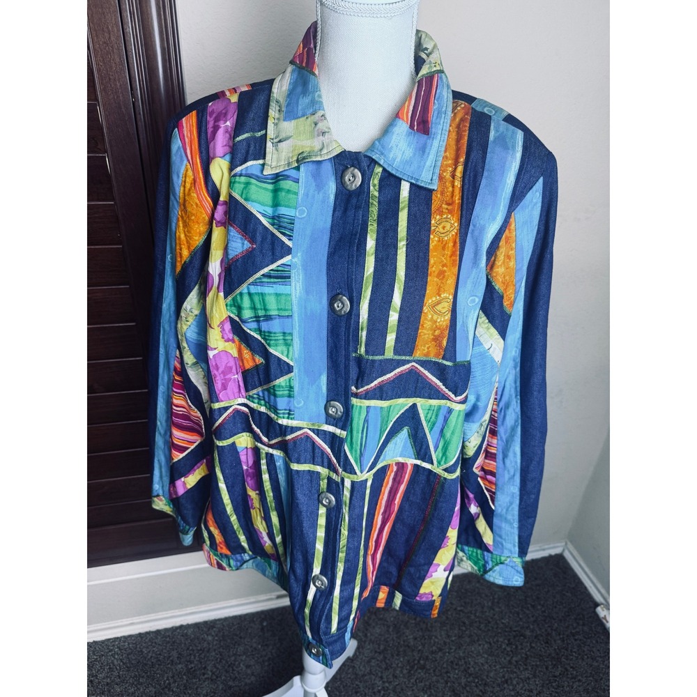 Stephanie Thomas Patchwork Denim Jacket Womens 14 Multi Color Boho Art To Wear